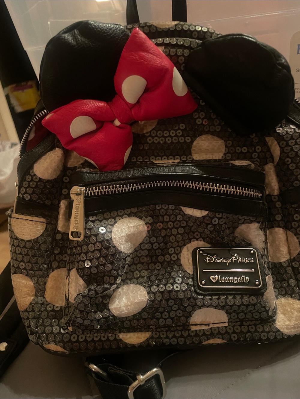 Loungefly Minnie Mouse Sequin Polka Dot Mini Backpack in Black, Red, White